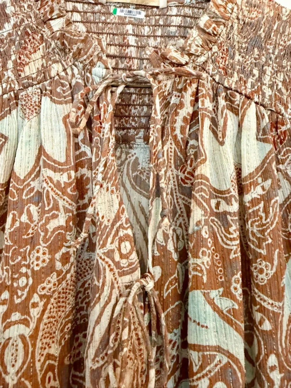 Ulla Johnson Taupe & Cream Paisley Tie-Neck Blouse